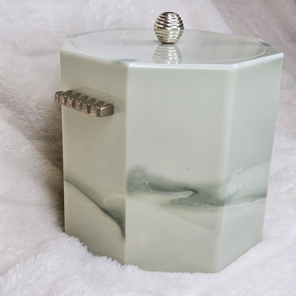 Vintage Faux Jade Acrylic Hexagon Ice Bucket W/lid Barware Cocktail - Picture 3 of 11